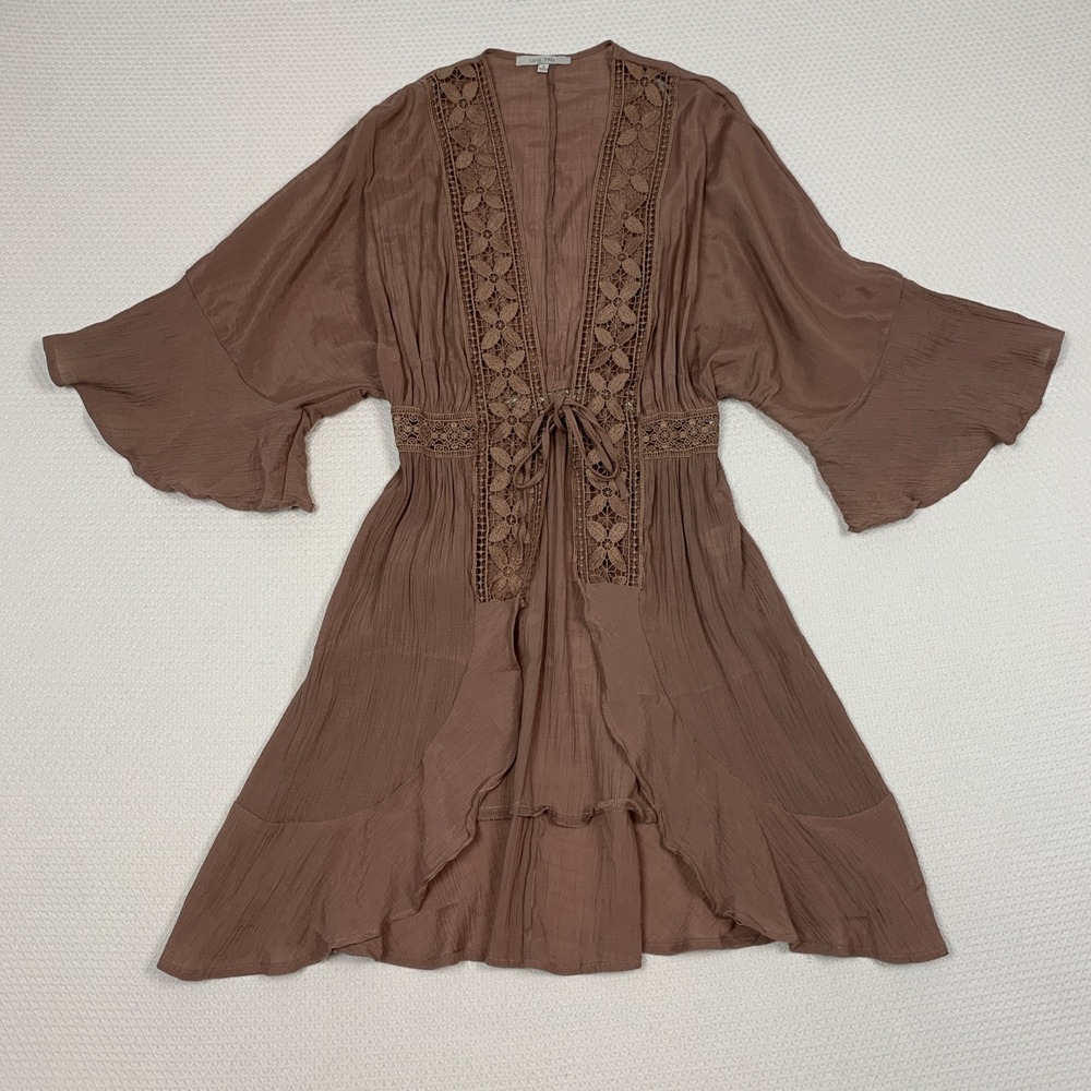 Love Tree Kimono Women Small Mauve Boho Crochet Ruffle Bell Sleeve Cardigan